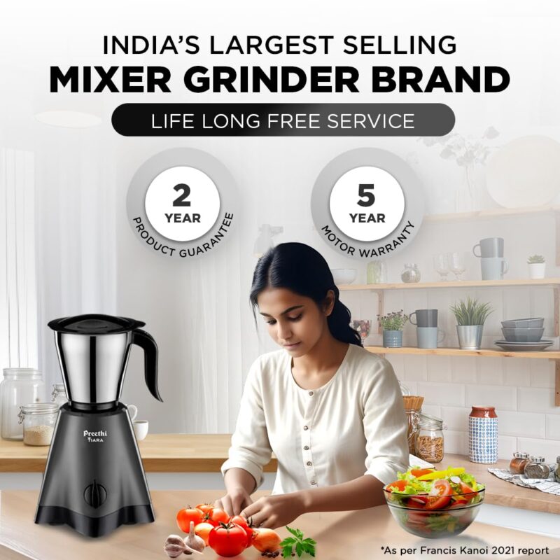 Preethi Tiara Mixer Grinder for Kitchen - 3 Jars 500 Watt Mixie - Chutney Jar & Dry Grinder Jar used as Wet Grinder & Blender - Stainless Steel Blades(Grey) - Image 2