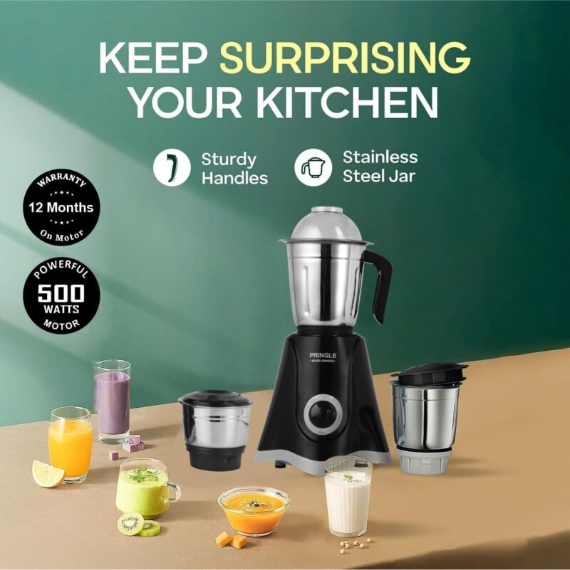 Pringle 2 Jar Mixer Grinder| 500W Powerful Motor | [ISI] Certified | 304 Grade SS Blade| 2 SS Jars Liquidizing Jar (1 Litres) Chutney Jar (0.4 Litres)3 Speed Options with Whip (1 Year Warranty) - Image 6