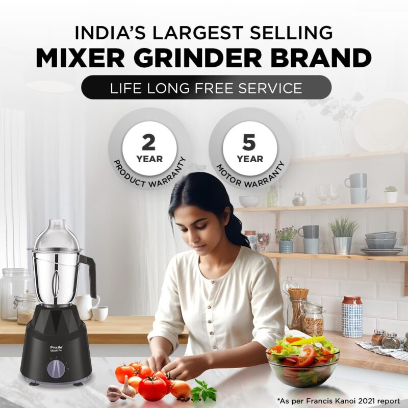 Preethi Galaxy Plus Mixer Grinder for Kitchen - 4 Jars 750 Watt Mixie (3 Stainless steel Jars+1 Super Extractor Juicer Jar), Flexi lids, Vega W5 motor, Black (MG-250) - Image 3