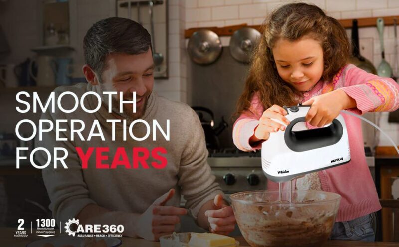 Havells Whisko 300 watt Hand Mixer with Single Eject Button, 5 Speed Turbo Function, Stainless Steel Hooks, 1.5m Long Cord, 1300 RPM & 2 Years Warranty (White Grey) - Image 2