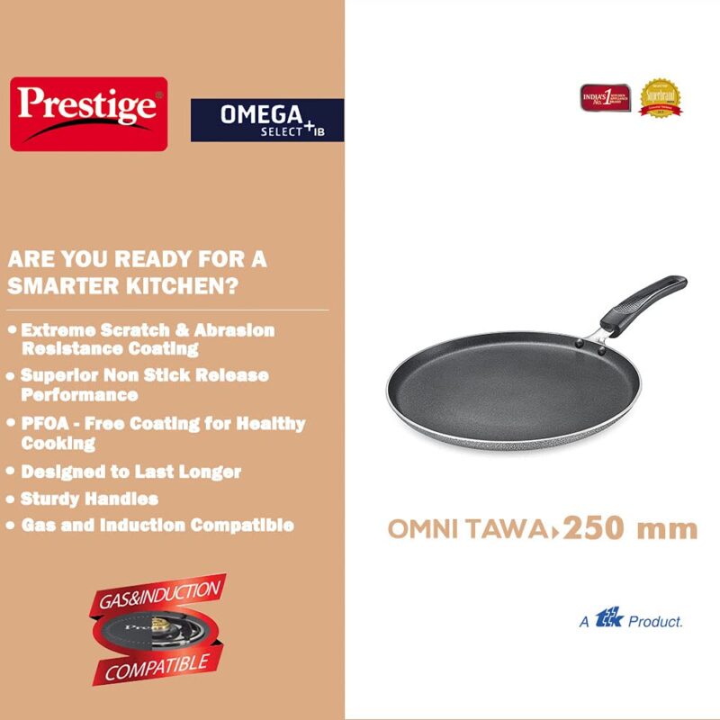 Prestige Aluminium Omega Select Plus IB Non-Stick Omni Tawa, 25 cm, Multicolour, Medium - Image 5