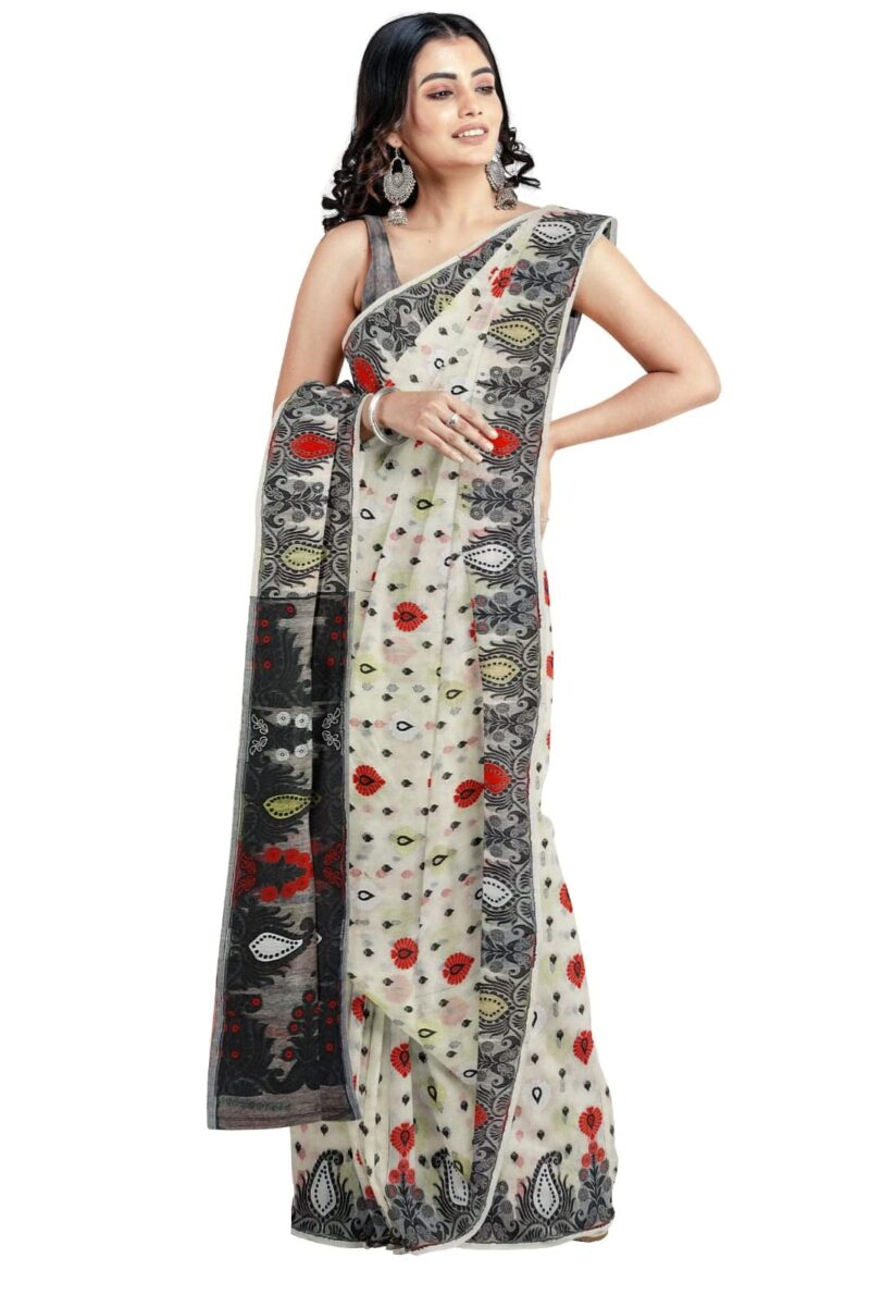 Saree Niketan Women's Traditional Bengal Cotton Silk Jamdani Saree (white) - Image 7