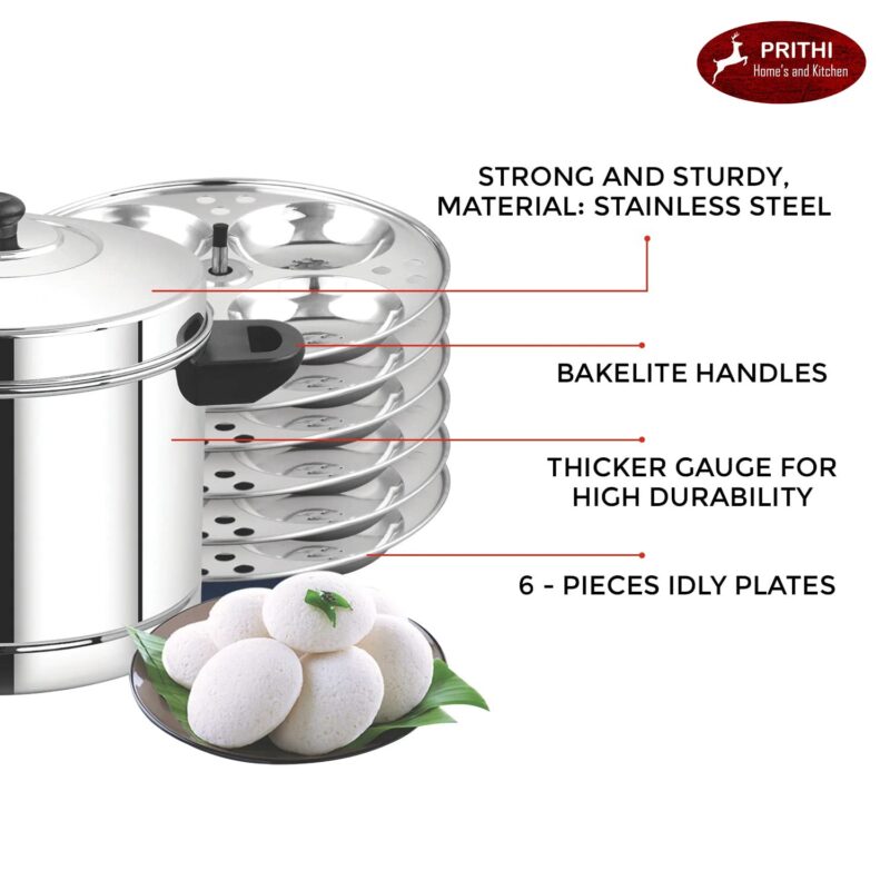 Prithi Home's and Kitchen Stainless Steel Deluxe Idli cooker Gas & Induction Compatible 6 Plate- 24 Idlies Idly cooker/Idly Maker (6 Plate - 24 Idlies) - Image 7
