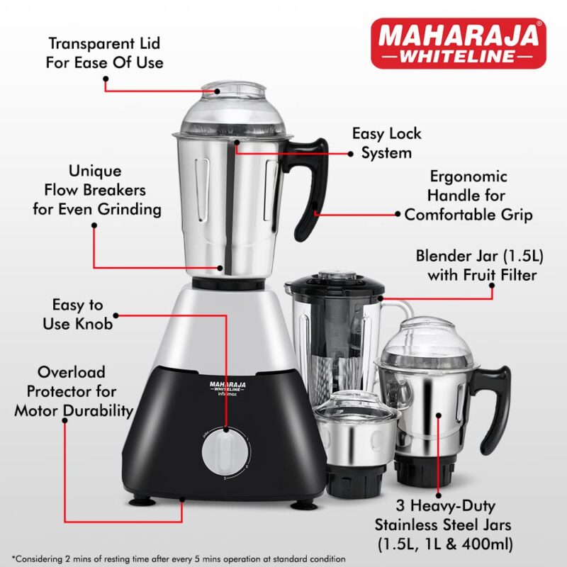 Maharaja Whiteline Infinimax Elite Mixer Grinder, Long Lasting Performance with 750 Watt Motor | Jar Flow Breakers | 5 Years Warranty on Motor (Black & Grey) - Image 7