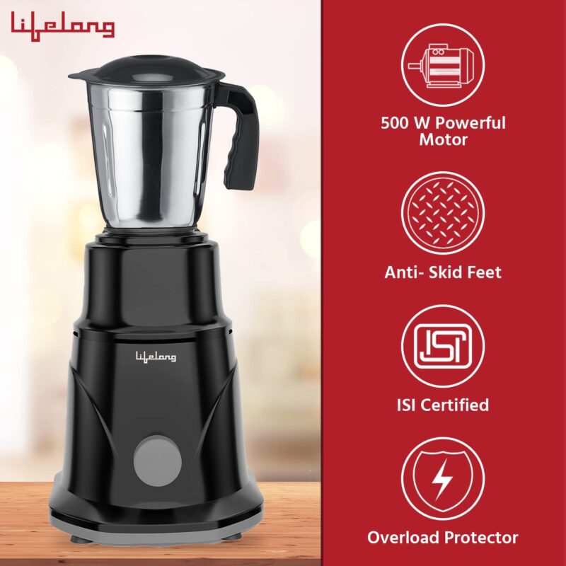 Lifelong Duos 500 Watt 2 Jar Mixer Grinder with 3 Speed Control and 1100 Watt Dry Non-Stick soleplate Iron Super Combo (Black, 1 Year Warranty) - Image 5
