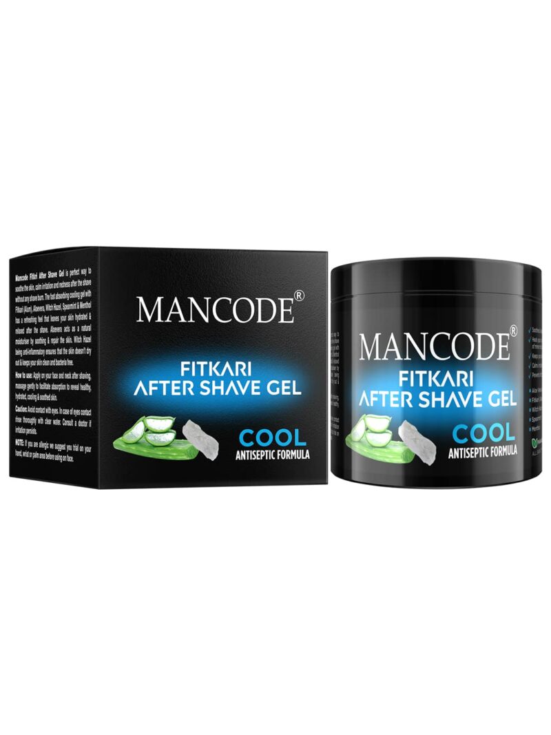 Mancode Fitkari After Shave Gel Cool for Men | Post Shave Gel | Treats Aftershave Cuts; Wounds; Razor Burn | Skin Irritation | Refreshing Aqua Fragrance | Alcohol Free After Shave 100gm (Pack of 1) - Image 3