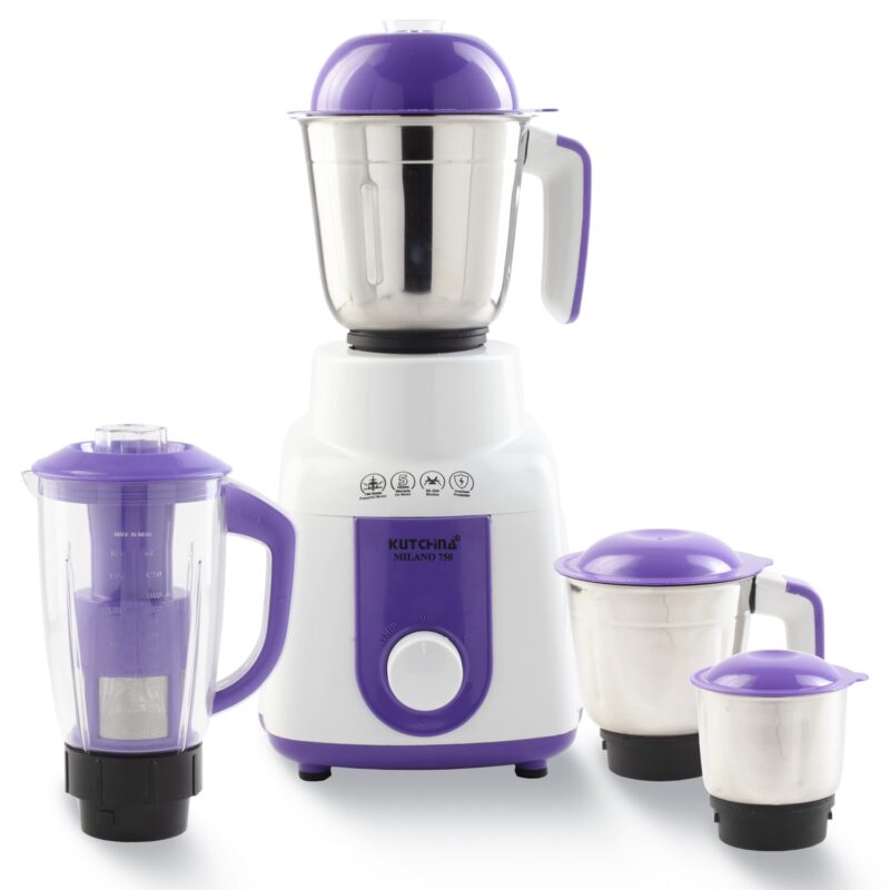 Kutchina Milano Excel Mixer Grinder 750 Watt with 4 Jars (Juicer Jar, Liquidizing, Wet Grinding, Chutney Jar) | Stainless Steel Blades | Mixer Grinder 750+ Watt | 2Yrs on Product, 5Yrs on Motor