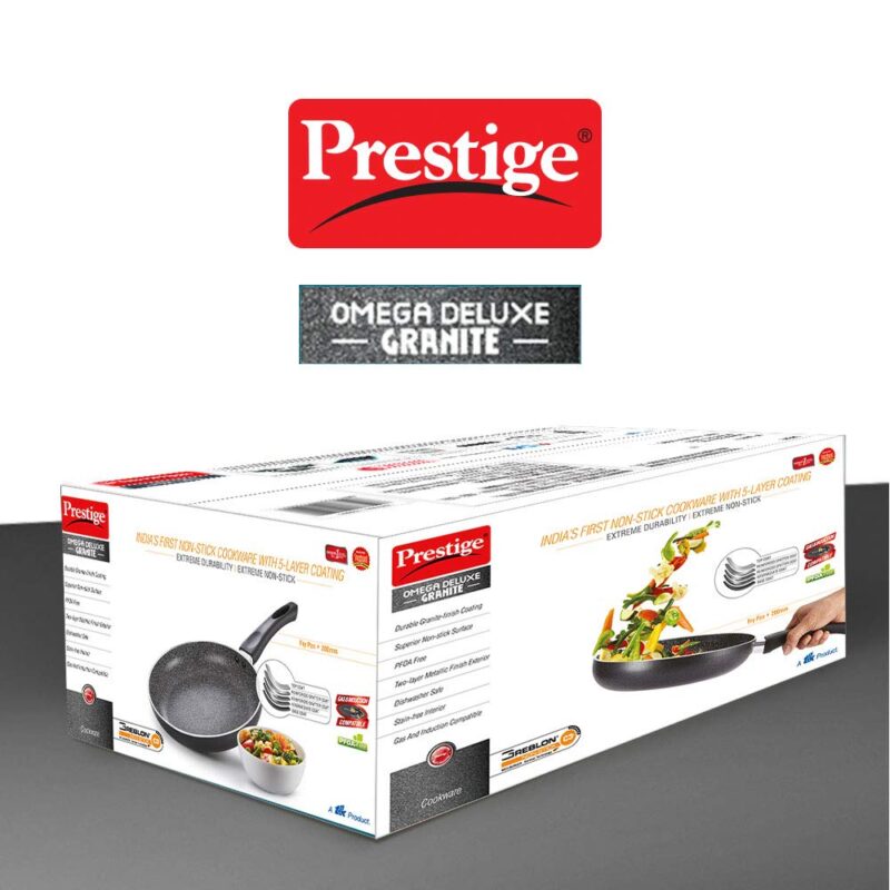 Prestige Non-Stick Omega Deluxe Granite Fry Pan (Omelette Pan)| 20 Centimetre | Black | Induction Base | 5 Layer Non-Stick Cookware | PFOA Free | Easy Grip Handle - Image 3