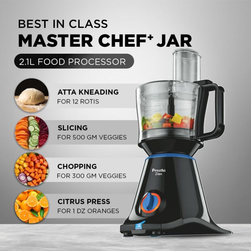 Preethi Zion Mixer Grinder for Kitchen - 4 Jars 750 Watt Mixie (3 Stainless steel Jars+1 Master Chef Plus Food processor Jar), Flexi lids, Vega W5 motor, Black (MG-227) Copy - Image 6