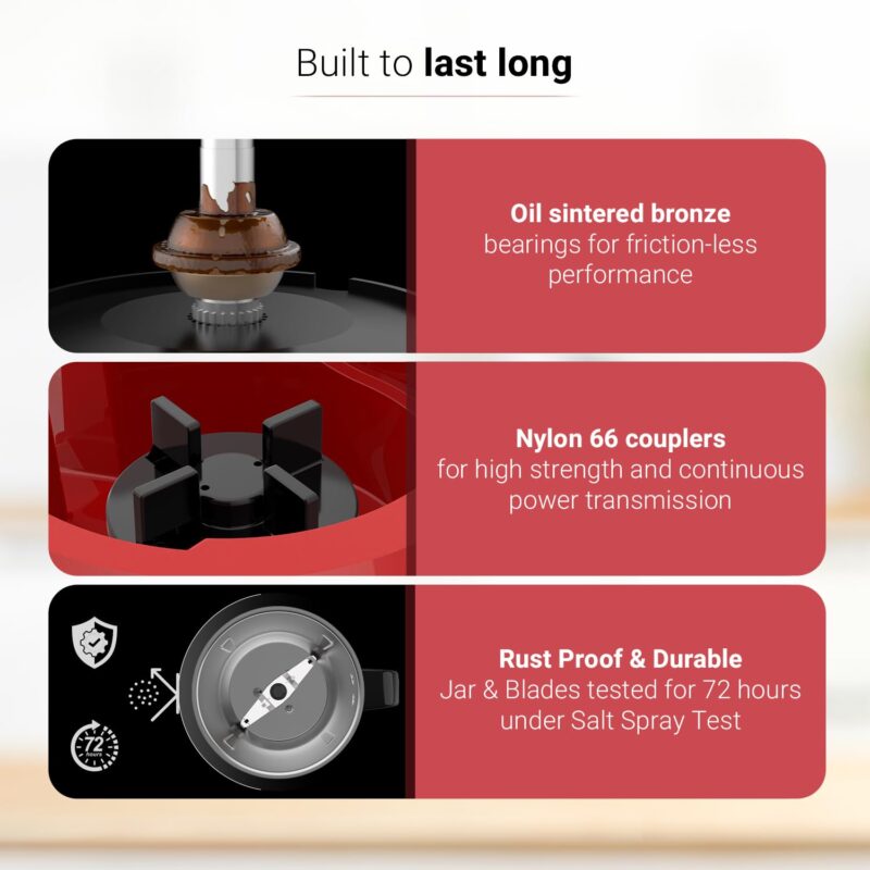 V-Guard Brillio 750 Watt Juicer Mixer Grinder, 3 Year Motor Coverage by V-Guard, 4 Jars(Chutney, Dry, Wet & Juicer), Sturdy Juicer Jar With Quadraflow Design, Precisionblend Ss Blades, Mars Red - Image 3