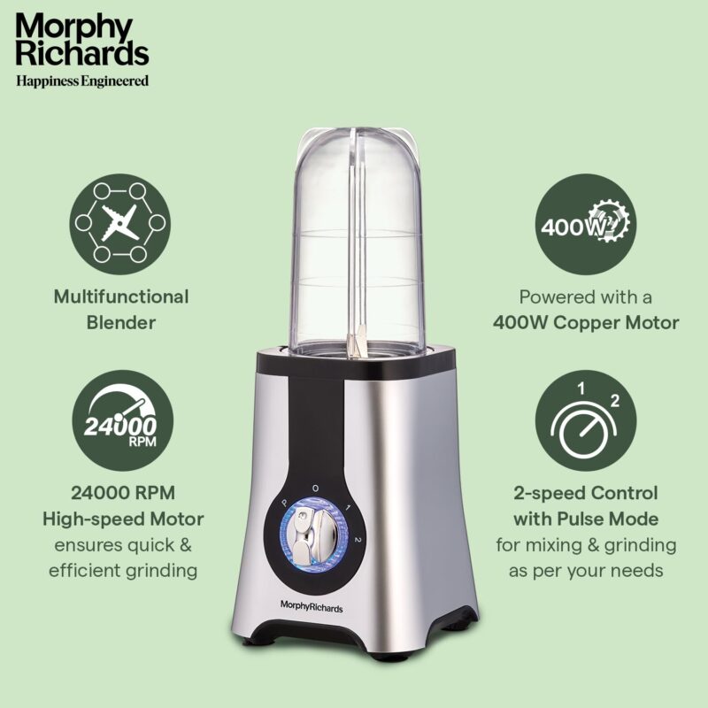 Morphy Richards Acrylonitrile Butadiene Styrene 2 In 1 Blendmaster | 400 Watts Powerful Motor | Grind, Mix, Blend & Crush 2-In-1 Machine | 2 Jars | 2 Speed Control With Pulse Mode | Silver & Black - Image 5