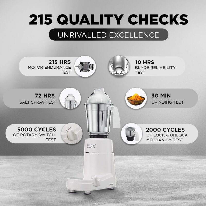 Preethi Popular Mixer Grinder for Kitchen | 750-Watt L-shaped Mixie, 3 jars | 5yr Motor Warranty & Lifelong Free Service| White (MG 142) - Image 4