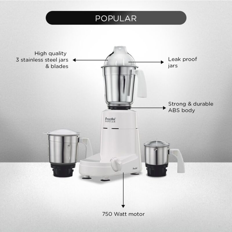 Preethi Popular Mixer Grinder for Kitchen | 750-Watt L-shaped Mixie, 3 jars | 5yr Motor Warranty & Lifelong Free Service| White (MG 142) - Image 5