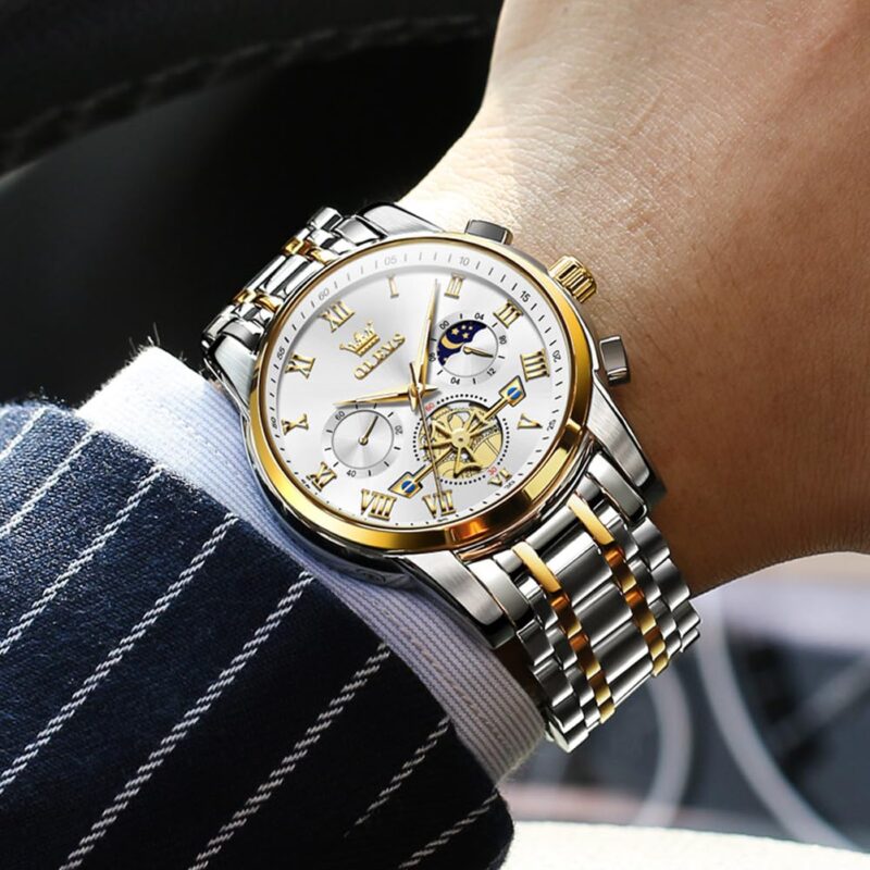 OLEVS Watches for Men Chronograph Business White Wrist Watches Analog Quartz Moon Phase Stainless Steel Waterproof Luminous Dress Watches - Image 4