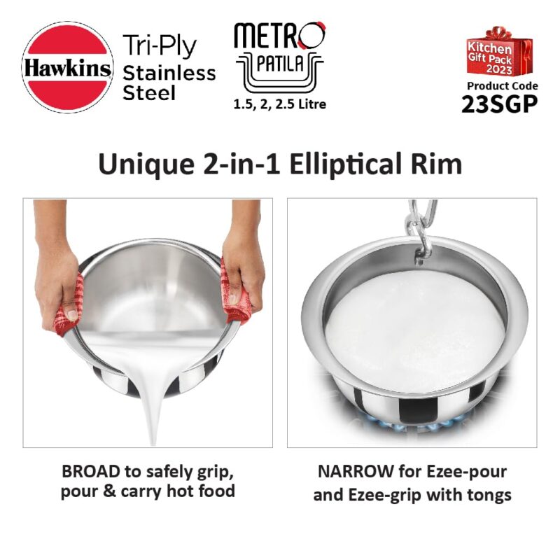 Hawkins Kitchen Gift Pack 2023 (23SGP) 3 Pieces Set of 1.5 Litre, 2 Litre and 2.5 Litre Triply Stainless Steel Patila, Tope, Bhagona, Tapeli, Saucepans Silver - Image 6