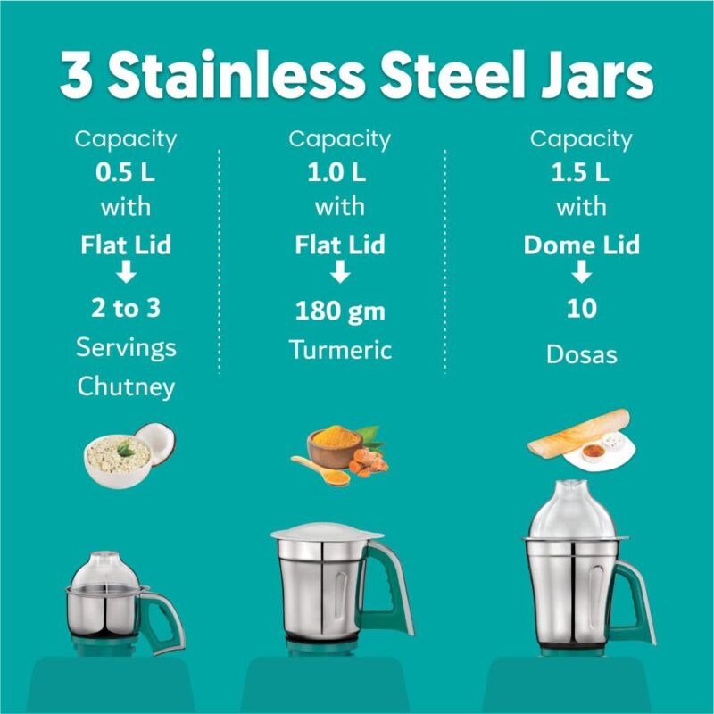 Preethi Aries Mixer Grinder for Kitchen | Vega W5 750 Watt Mixie,4 Jars | 5yr Motor Warranty & Lifelong Free Service | Green (MG 216) - Image 5