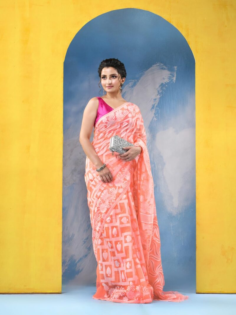 dB DESH BIDESH Women`s Resham Dhakai Jamdani Cotton Handloom Saree Playing Card Design Jamdani Saree (Orange White) - Image 7