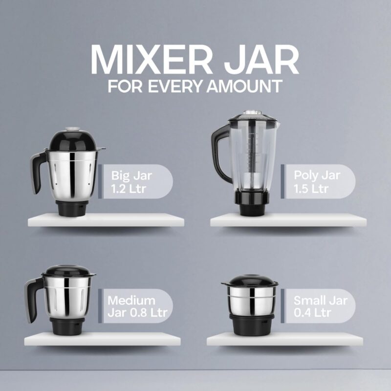 Longway Kratos 1000 Watt Juicer Mixer Grinder with Multipurpose Jars for Grinding, Mixing, Juicing with Stainless Steel Blades | 1 Year Warranty | (Black, 4 Jars) - Image 4