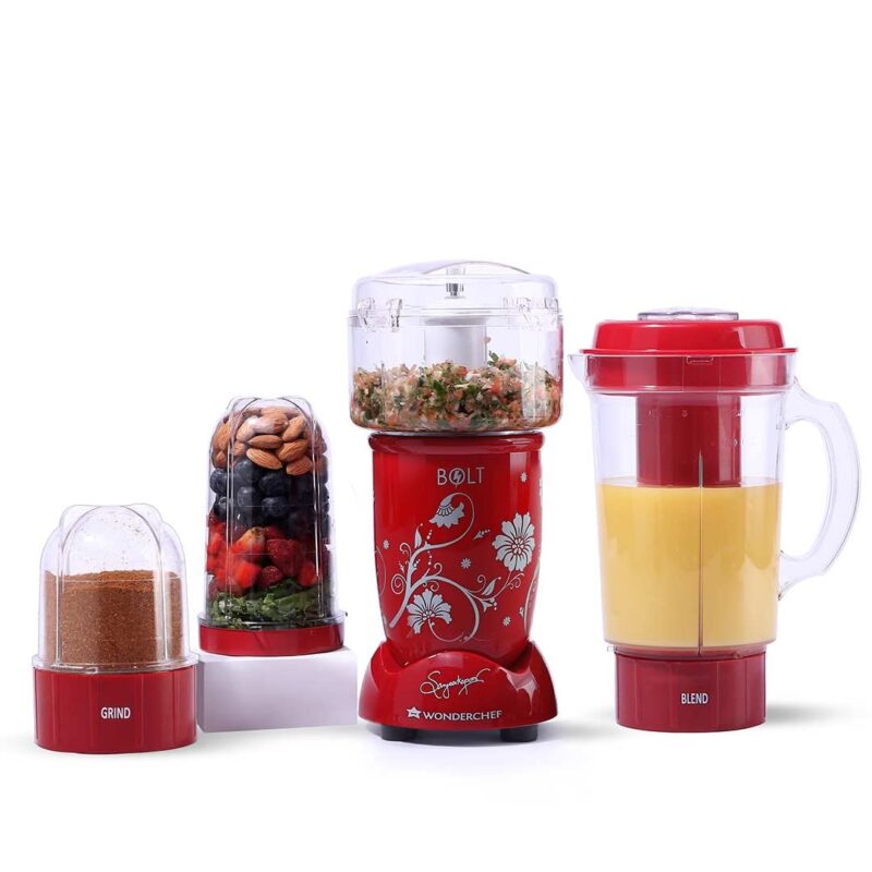 Wonderchef Nutri-blend BOLT CKM|600W Powerful 100% Full Copper Motor|22000 RPM, Blender & Chopper|SS Blades|4 unbreakable jars with Sipper lid|2 Years warranty|Recipe book by Chef Sanjeev Kapoor|Red