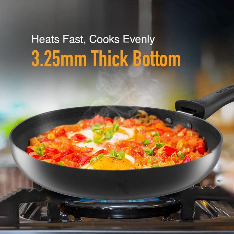 KENT Hard Anodised Frying Pan 22 CM | 1.4L | Non Reactive, Non Toxic, & Non Staining Food Grade Surface | 3.25mm Thick Base for Uniform Heating| Cool Touch Bakelite Handle | Induction Friendly, Black - Image 5
