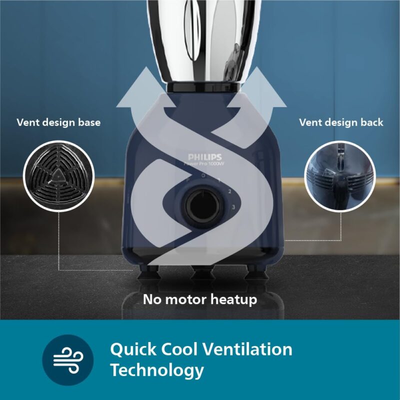 Philips HL7713/01,1000 W PowerPro Motor Mixer Grinder, 3 Jars (Azure Blue), Edged blade made of superior SS304 material, Quick cool ventilation for longer motor life - Image 4