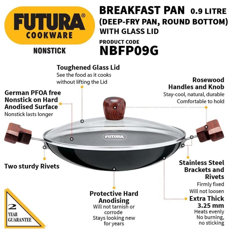 Hawkins FUTURA 0.9 Litre Breakfast Pan with Glass Lid, Nonstick Cookware, Appachatty, Chetty Pan, Appam Patra, Round Bottom Kadai, Black (NBFP09G) - 217 mm - Image 7