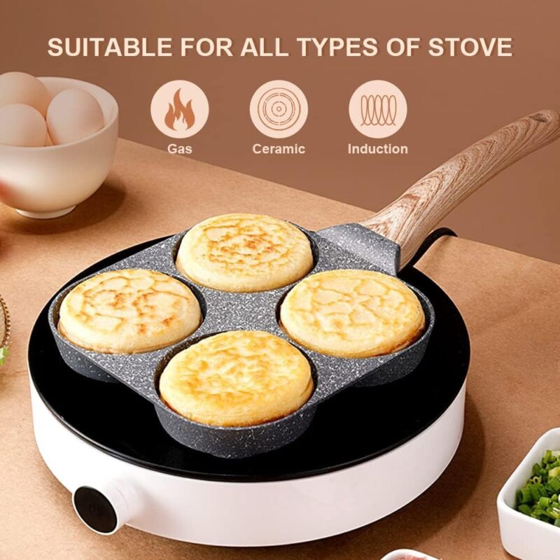 Cazuela 4 Cups Egg Pan Omelette Pan Frying Pan Egg Frying Pan 4 Cup Crepe Pan Granite Egg Cooker Breakfast Pancakes Pan Suitable for Gas Stove & Induction Cookware (Wood Grain Handle) - Image 8