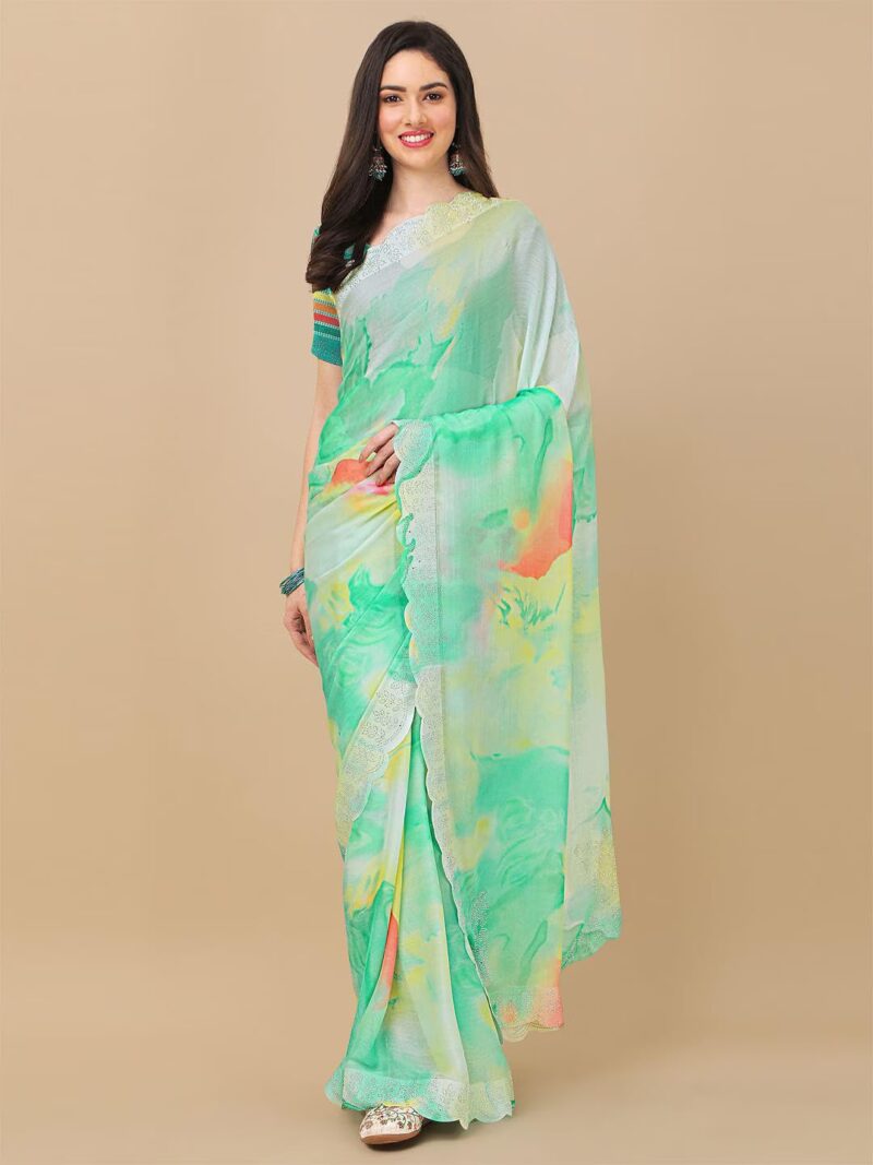 RAJESHWAR FASHION WITH RF Women's Colorblock Printed Chiffon Sarees For Women With Diamond Scalloping & Digital Print Blouse(Turquoise_Multicolored_Free Size 6.30) - Image 8