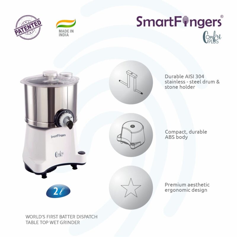 SmartFingers Comfort Plus Table Top magic Wet Grinder 230V 50hz, 2 Liter, White, 2 Stone - Image 2