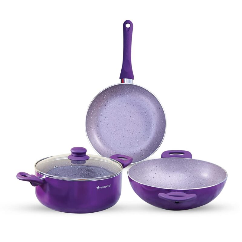 Galaxy Festival 4pcs Cookware Set | Casserole with Lid, Fry Pan, Kadhai | Induction Friendly | Cool Touch Bakelite Handles | Pure Grade Aluminium| PFOA Free| 2 Years Warranty | Purple - Image 8