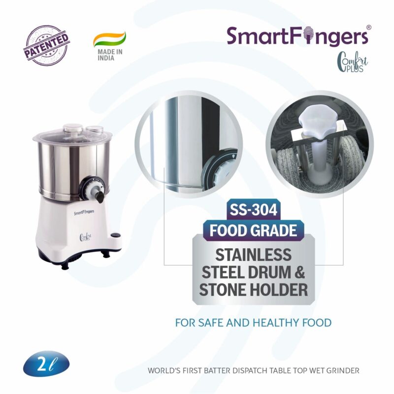 SmartFingers Comfort Plus Table Top magic Wet Grinder 230V 50hz, 2 Liter, White, 2 Stone - Image 5