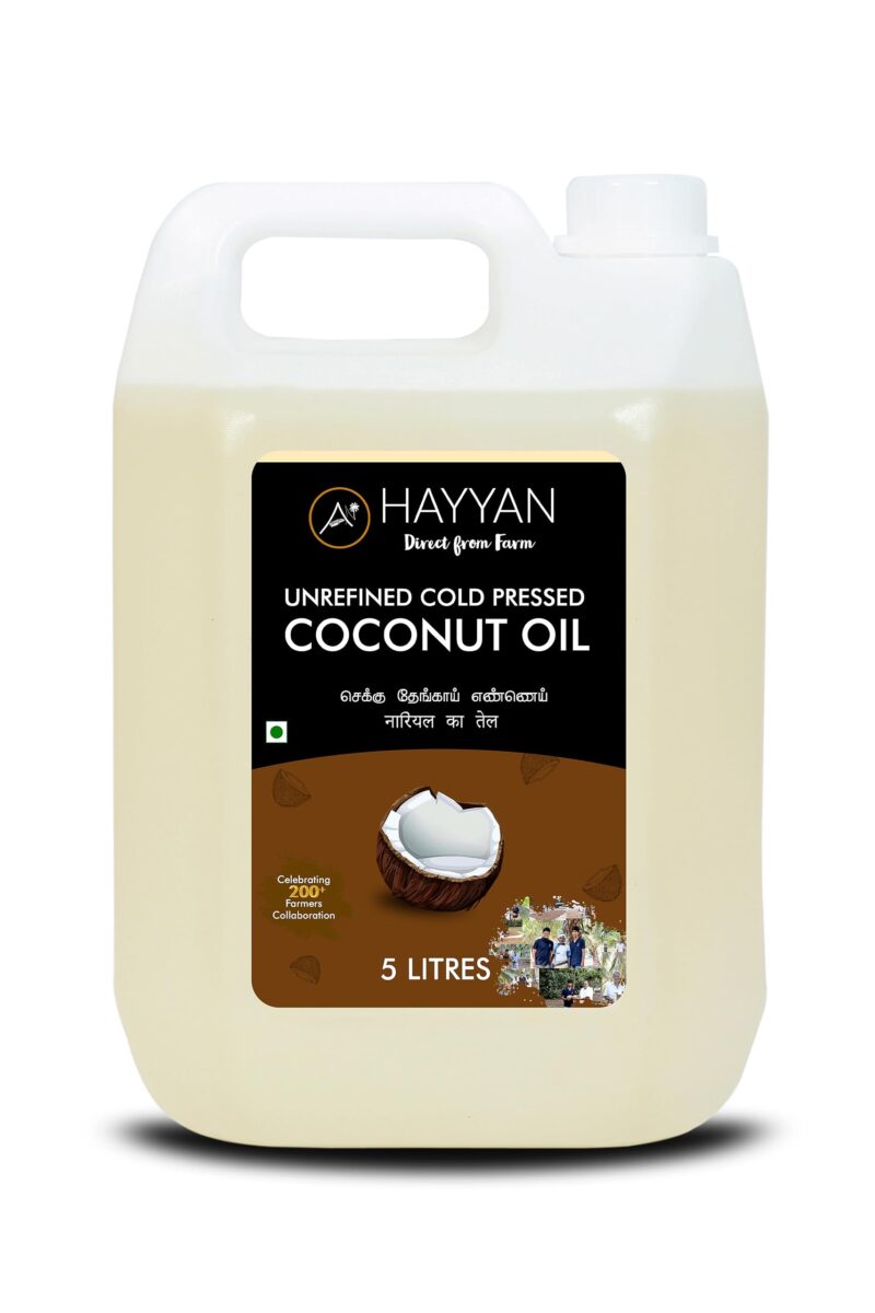 HAYYAN Cold Pressed Coconut Oil - Own Farm Unrefined for Cooking, Skin, Hair & Baby massage (Chekku/Ghani) - 5 Litres