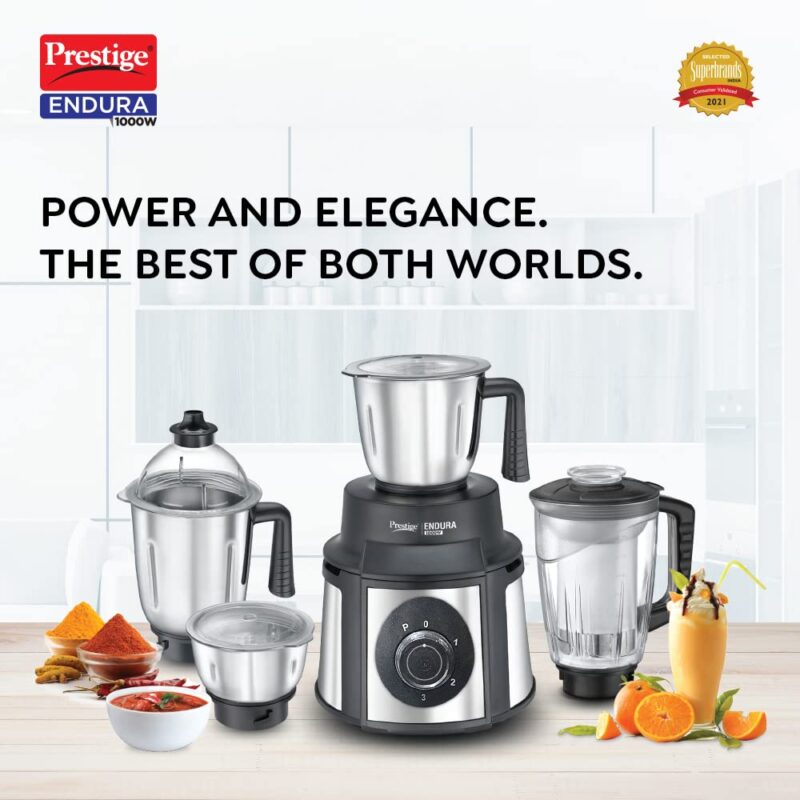 Prestige Endura 1000W Mixer Grinder with Ball Bearing Technology(Stainless Steel 4 Jars, Black & Silver) - Image 9