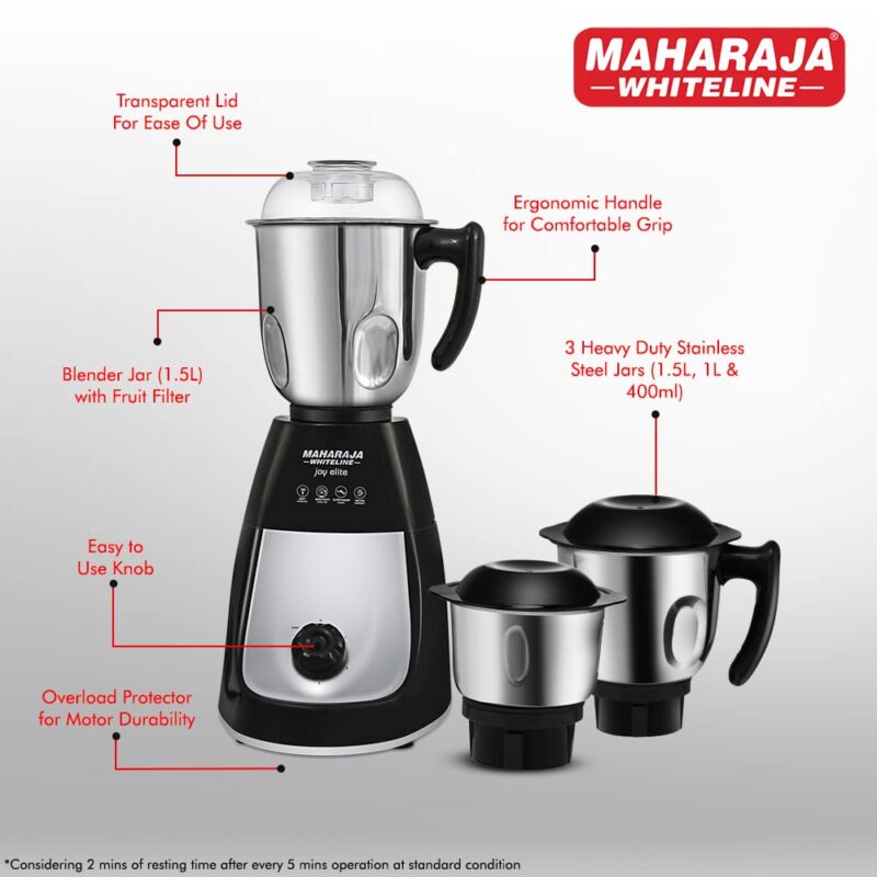 Maharaja Whiteline Joy Elite Mixer Grinder with 4 Jars, Long Lasting Performance with 750 Watt Motor | Jar Flow Breaker | 5 Year Motor Warranty (Black & Grey) - Image 6