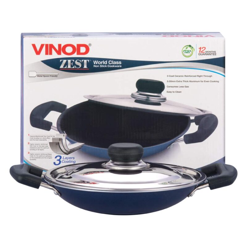 Vinod Zest Non Stick Appachetty with Lid - 20 cm| Appam Pan | 3 mm Extra Thick | 3 Layer Coating | Metal Spoon Friendly | Bakelite Handle | Gas Base | 1 Year Warranty - Blue - Image 5