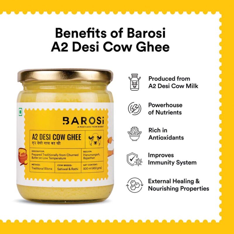 Barosi Premium A2 Cow Ghee 500 millilitre | A2 Danedar Desi Ghee | Churned from Curd with Bilona Method | Pure & Aromatic | Organic, Farm Made in Small Batches | Glass Jar Packing - Image 4