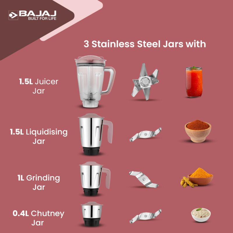 Bajaj Ninja Series Stella 750W Mixer Grinder with 4 Jar, White - Image 4