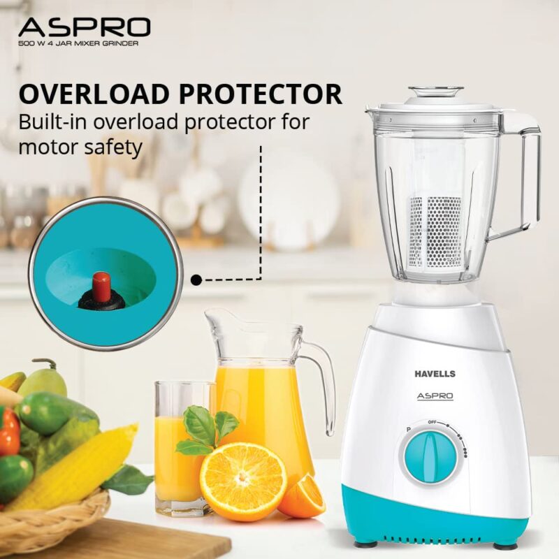 Havells Aspro 4 Jar 500 watt Mixer Grinder with 1.75Ltr Polycarbonate Jar with Fruit Filter, 21000 RPM, Overload Protector, 2 Yr Product & 5 Yr Motor Warranty (White and Light Blue) - Image 4
