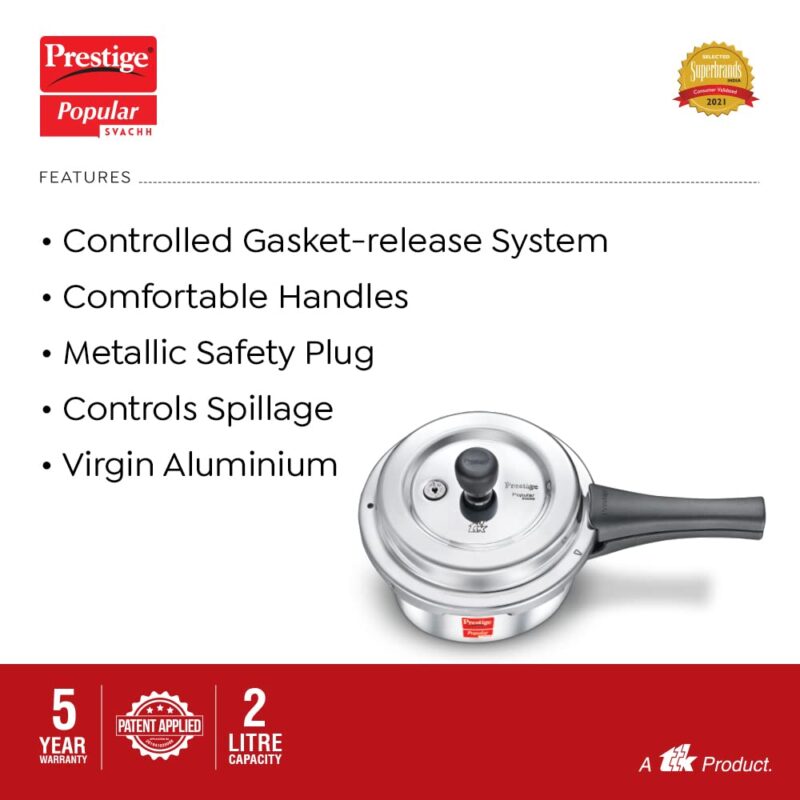 Prestige 2L Popular Svachh Aluminium Outer Lid Pressure Cooker|Ideal for 2-3 Persons|Deep lid for Spillage Control|5 Years Warranty - Image 8