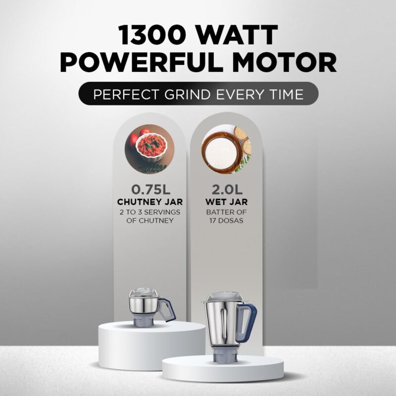 Preethi Xpro Duo MG-198 1300 W Commercial Mixer Grinder with 2 Jars ( 0.75L Chutney Jar + 2L Wet Grinding, Stainless steel), Tripad Metal Motor Stand, Blue - Image 4