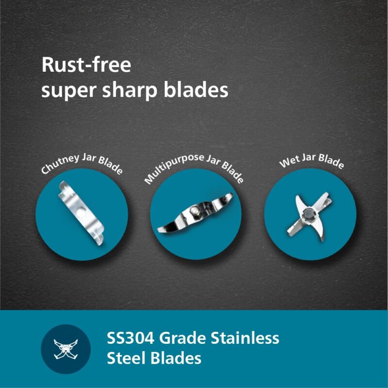 Philips HL7713/01,1000 W PowerPro Motor Mixer Grinder, 3 Jars (Azure Blue), Edged blade made of superior SS304 material, Quick cool ventilation for longer motor life - Image 5