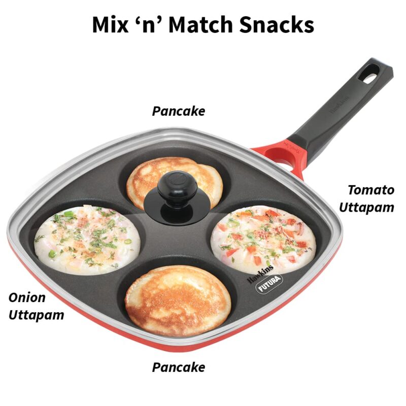 Hawkins 30 cm Die-Cast Multi Snack Pan with Glass Lid, Nonstick Mini Uttapam Tawa, Pancake Pan, Red (DCMS30G) - Image 3