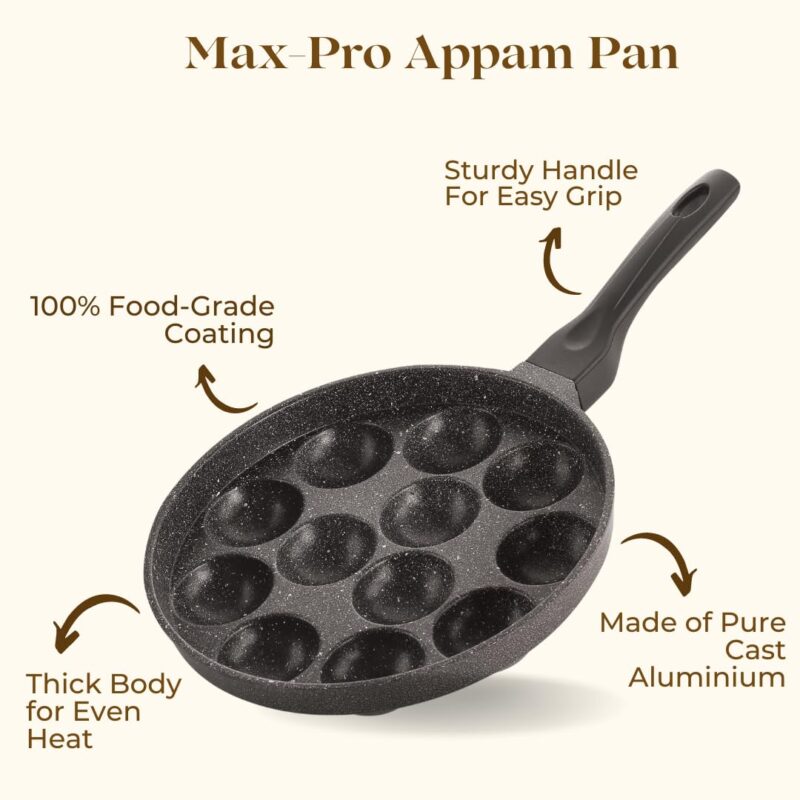ivbox MAX-PRO Appam Pan Heavy-Weight Non-Stick appe Paniyarakkal Maker with Glass Lid, Cast Aluminium, Silver Grey - Image 7