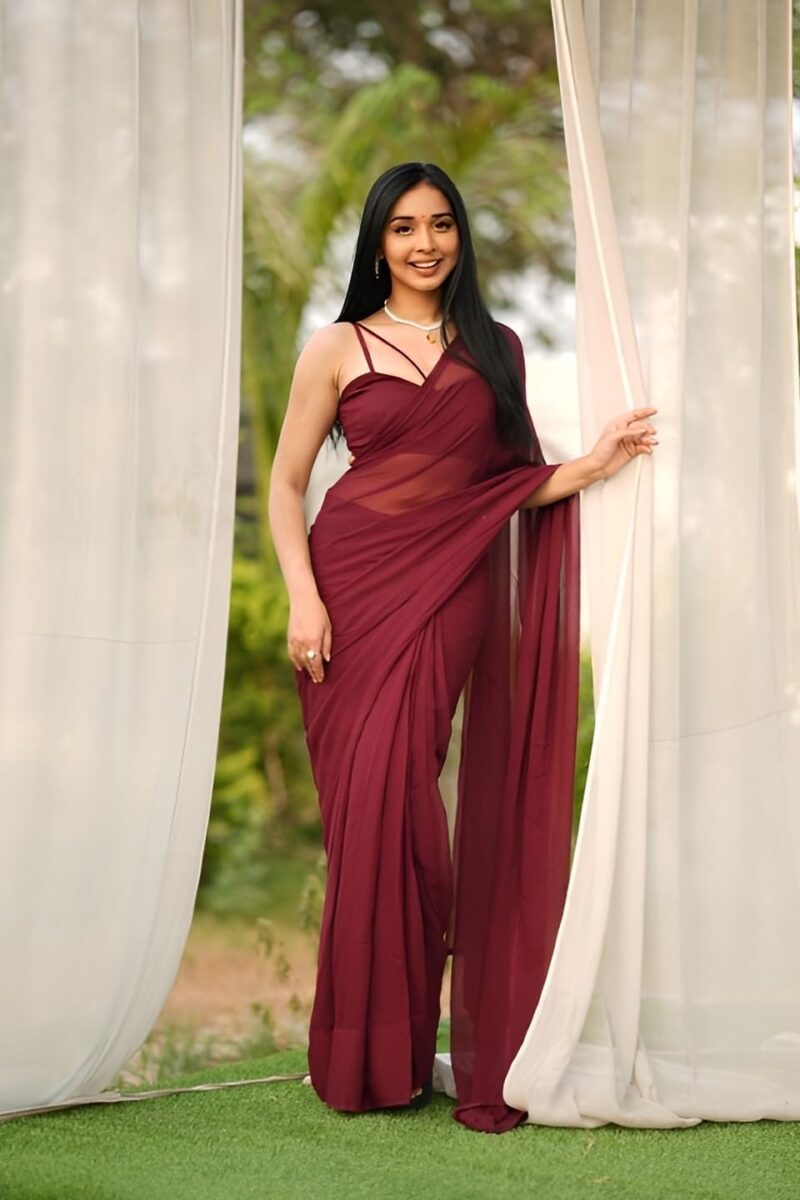 Stylescope Women's Plain Georgette Ready To Wear One Minute Saree With Unstitched Blouse Piece (Kalki Maroon_Maroon_Free Size) - Image 8