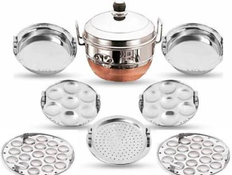 Bigbought All-in-One Stainless Steel Idli Cooker Kadai Steamer with Copper Bottom, Big Size with 7 Plates 2Idli 2 Dhokla 1 Patra 2 Mini idli plate Induction & Standard Idli Maker (7 Plates,14 Idlis)
