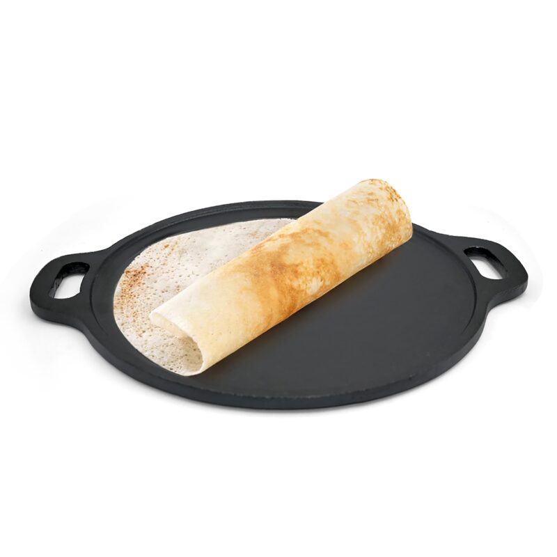 KNOBON Pre-Seasoned Cast Iron Flat Dosa/Roti/Chapati Tawa Pan With 2 Side Handle, Dosa Kallu, Iron Tawa Big Size Non-Toxic Cookware Utensi| Gas And Induction Compatible | 30 Cm (Black) - Image 8