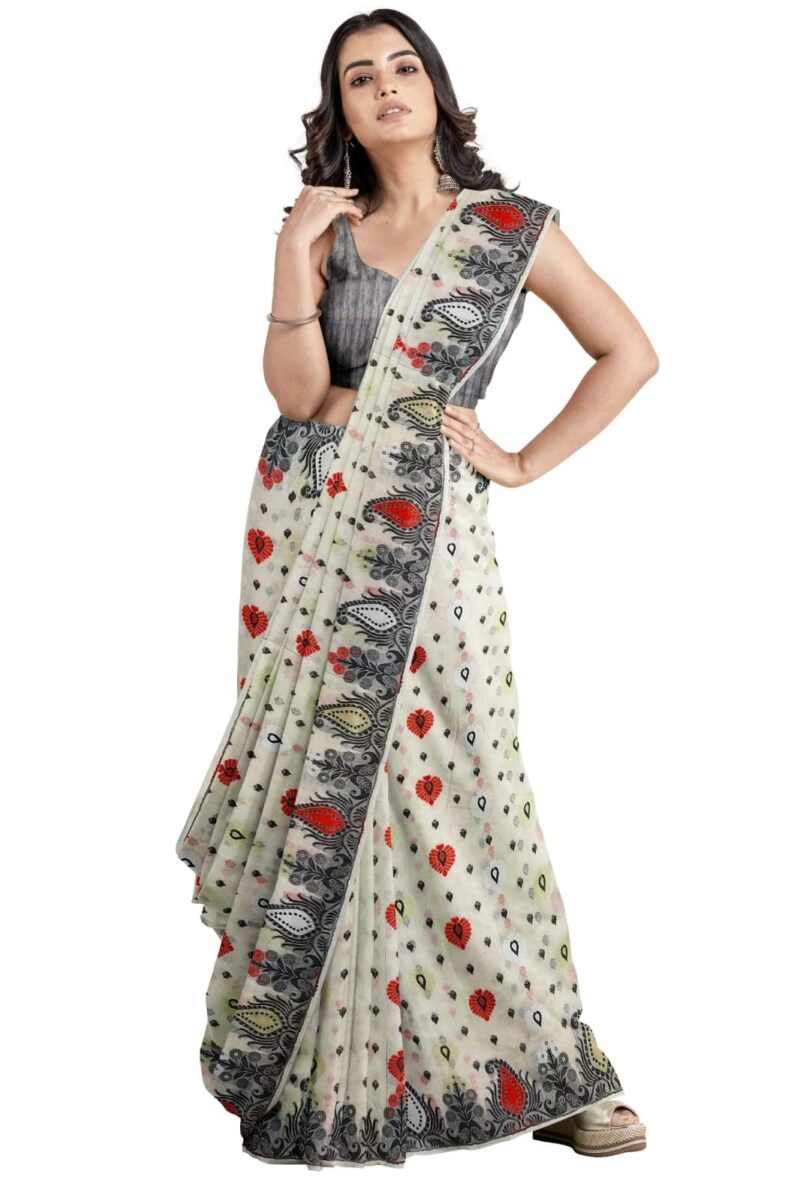 Saree Niketan Women's Traditional Bengal Cotton Silk Jamdani Saree (white) - Image 9