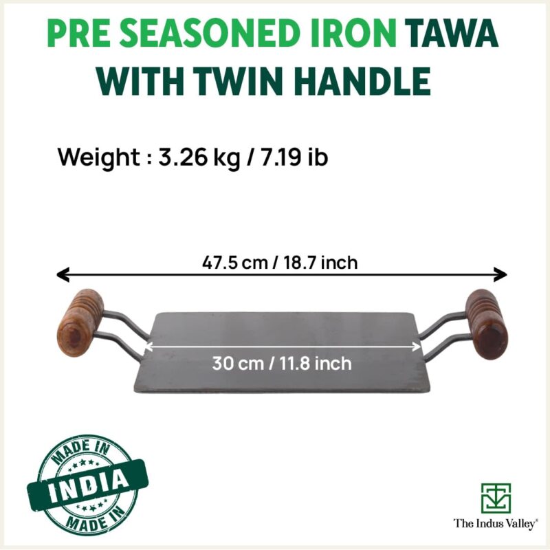 The Indus Valley Pre-Seasoned Square Iron Tawa with Wooden Handle | 30 cm/11.8 inch, 3.26kg | Induction Friendly | Pre-Seasoned Tawa, 100% Pure & Toxin-Free, No Chemical Coating - Image 2