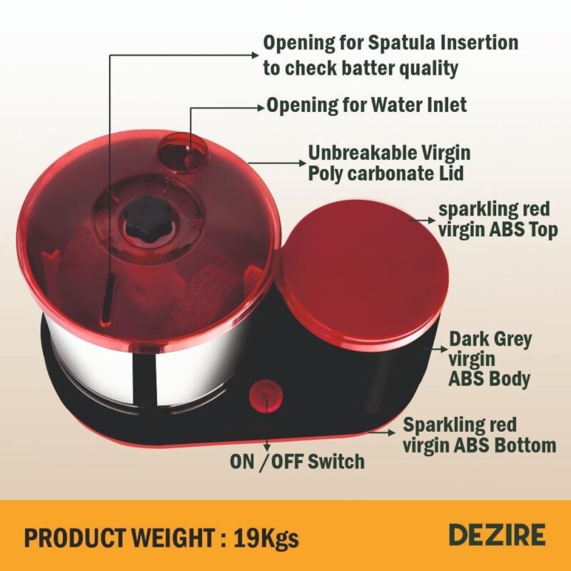 VIJAYALAKSHMI | Dezire 2 Litre | Heavy ABS Body Wet Grinder, 2L (Black & Red) | with Coconut Scrapper & Atta Kneader Attachment. - Image 3