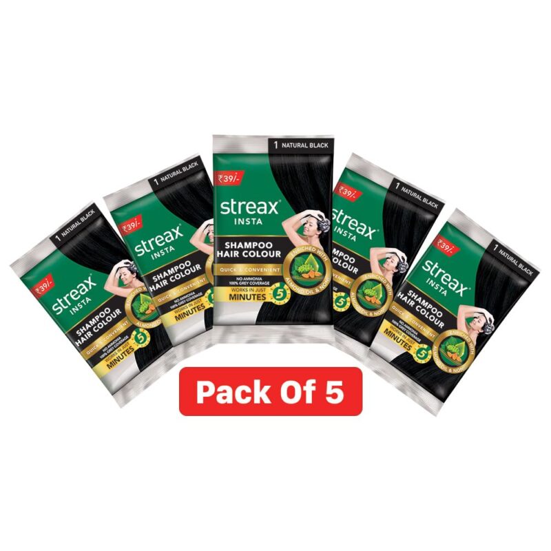 Streax Insta Shampoo Hair Colour for Women and Men, Natural Black - Pack of 5 | 100% grey coverage in 5 minutes | Long lasting, easy to use - Image 8